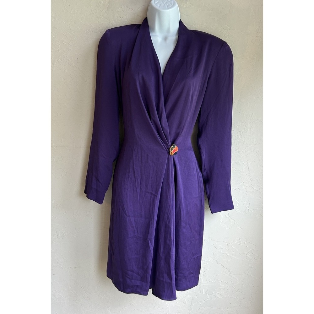 Vintage 80s Next Purple Satin Dress 6 Draped Power Dressing Retro Secretary Glam